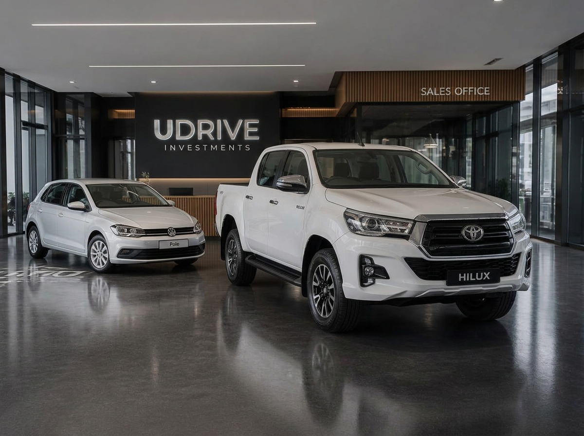 Toyota Hilux and Volkswagen Polo on display in the UDRIVE Investments showroom